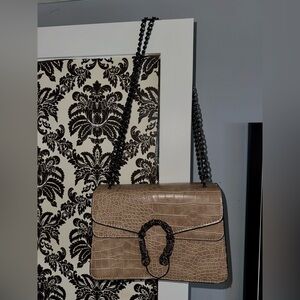Tan Crocodile-Embossed Chain Bag